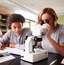 Two individuals observing a microscope